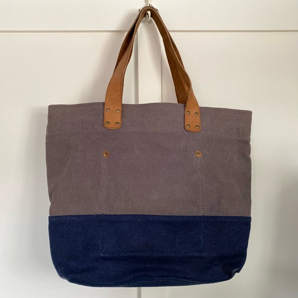 COLE HAAN Brown Leather & Navy Canvas Tote Bag - Picture 3 of 8
